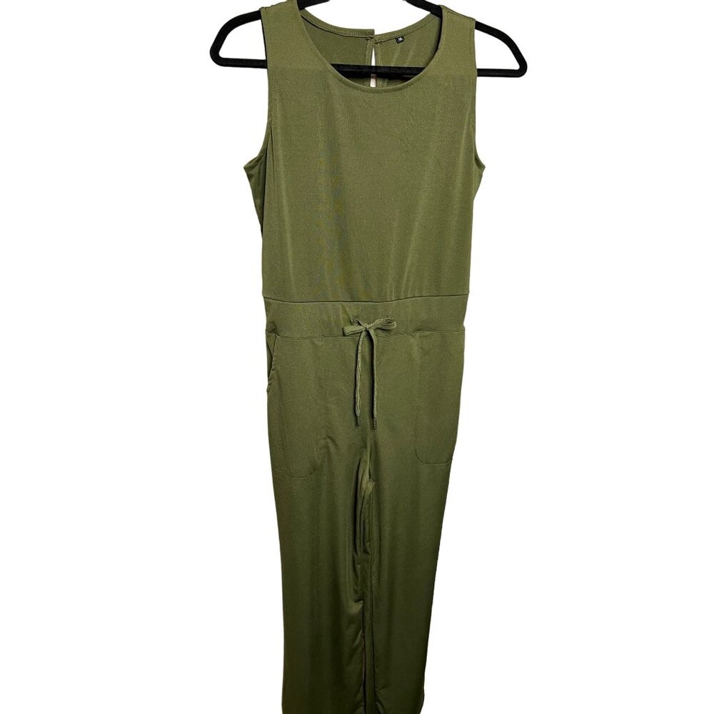 Green jumpsuit SMALL sleeveless  pockets wide legs stretch Comfortable